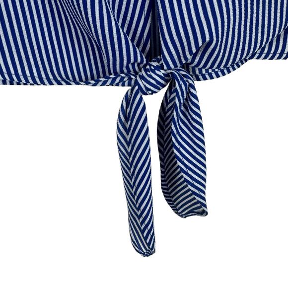 Monteau Blue White Striped Ruffled Tie Front V-Neck Lightweight Blouse Size M - Picture 5 of 7